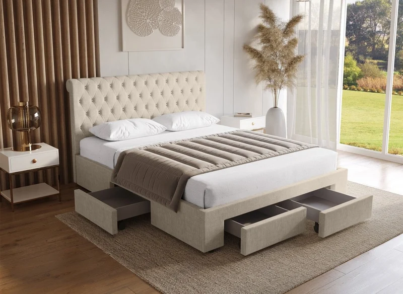Lit double avec 4 tiroirs en lin beige 160x200 cm LEANDRE