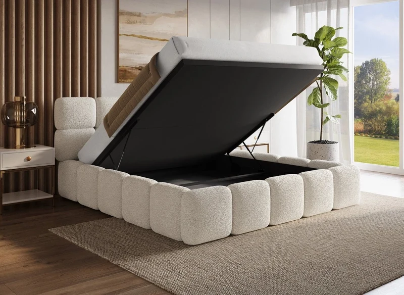 Lit coffre tissu bouclette beige 180x200 cm BUBBLE
