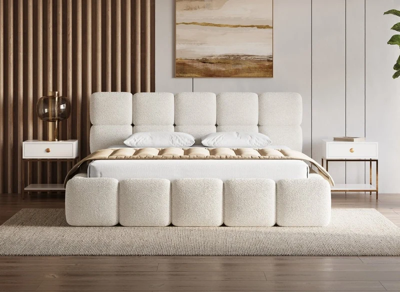 Lit coffre tissu bouclette beige 180x200 cm BUBBLE