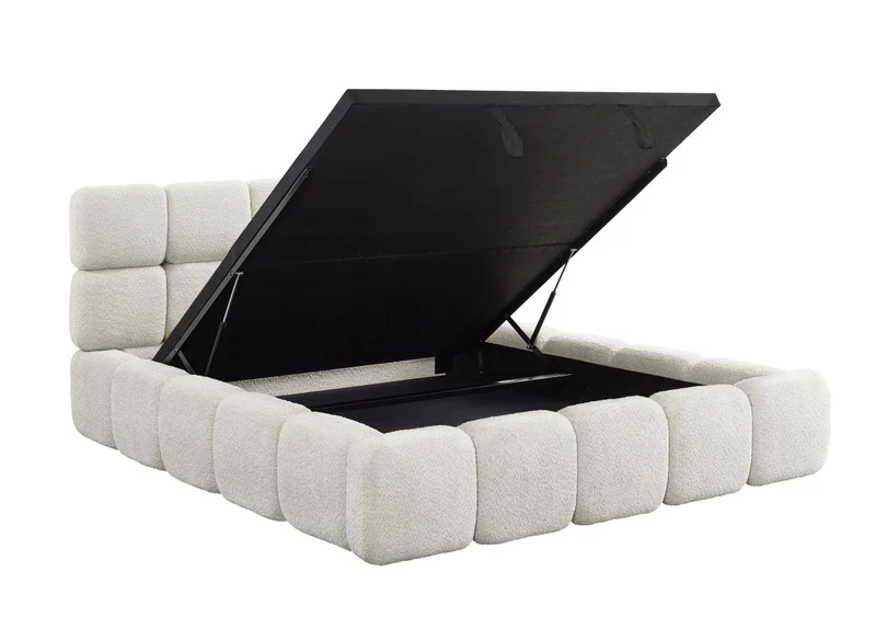 Lit coffre tissu bouclette beige 180x200 cm BUBBLE