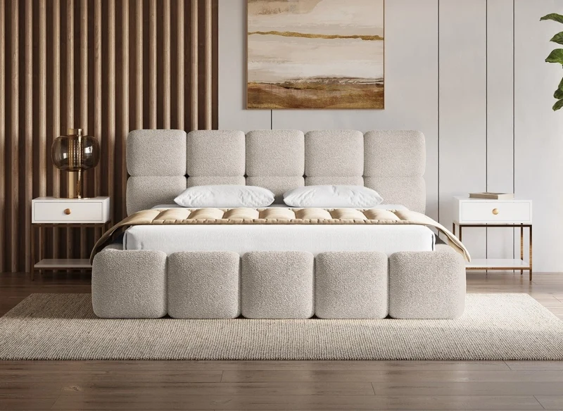 Lit coffre tissu bouclette taupe 180x200 cm BUBBLE
