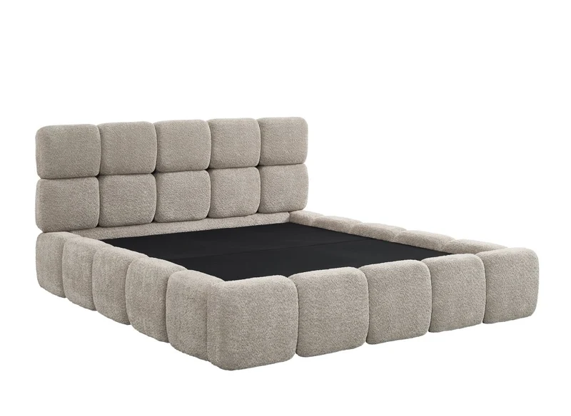 Lit coffre tissu bouclette taupe 180x200 cm BUBBLE