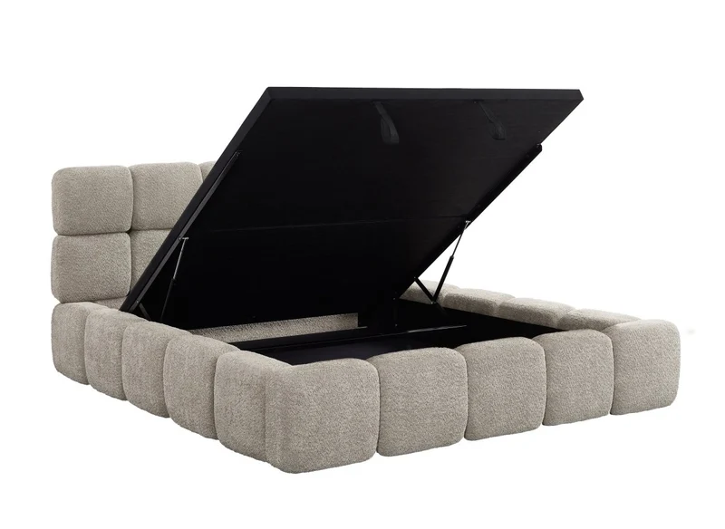 Lit coffre tissu bouclette taupe 180x200 cm BUBBLE