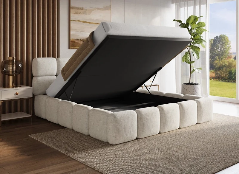 Lit coffre en velours chiné beige 180x200 cm BUBBLE