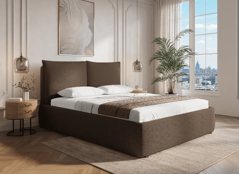 Lit coffre en tissu bouclette marron 160x200 cm MELY