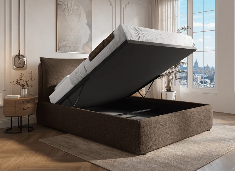 Lit coffre en tissu bouclette marron 140x190 cm MELY