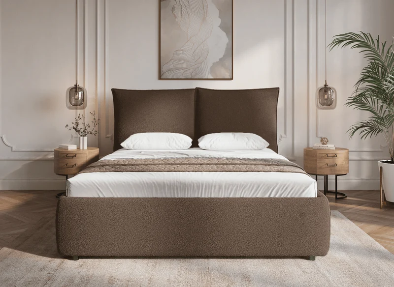 Lit coffre en tissu bouclette marron 140x190 cm MELY
