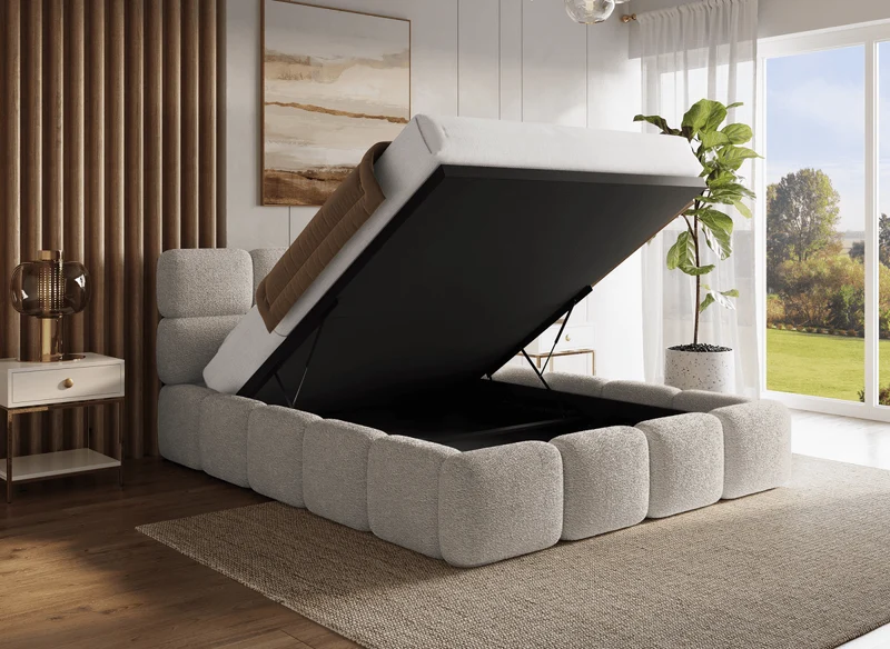 Lit coffre en tissu bouclette taupe 140x190 cm BUBBLE