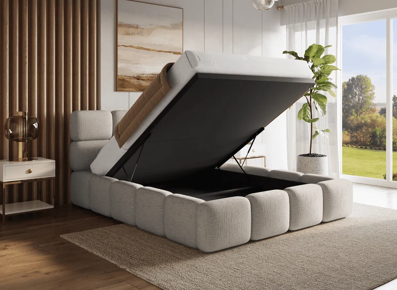 Lit coffre en velours chiné taupe 160x200 cm BUBBLE