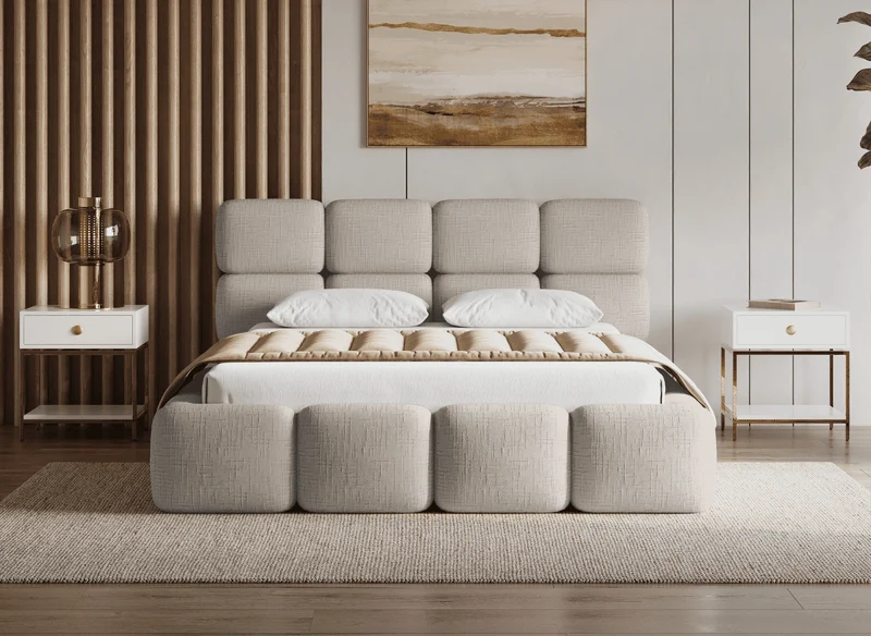 Lit coffre en velours chiné taupe 160x200 cm BUBBLE