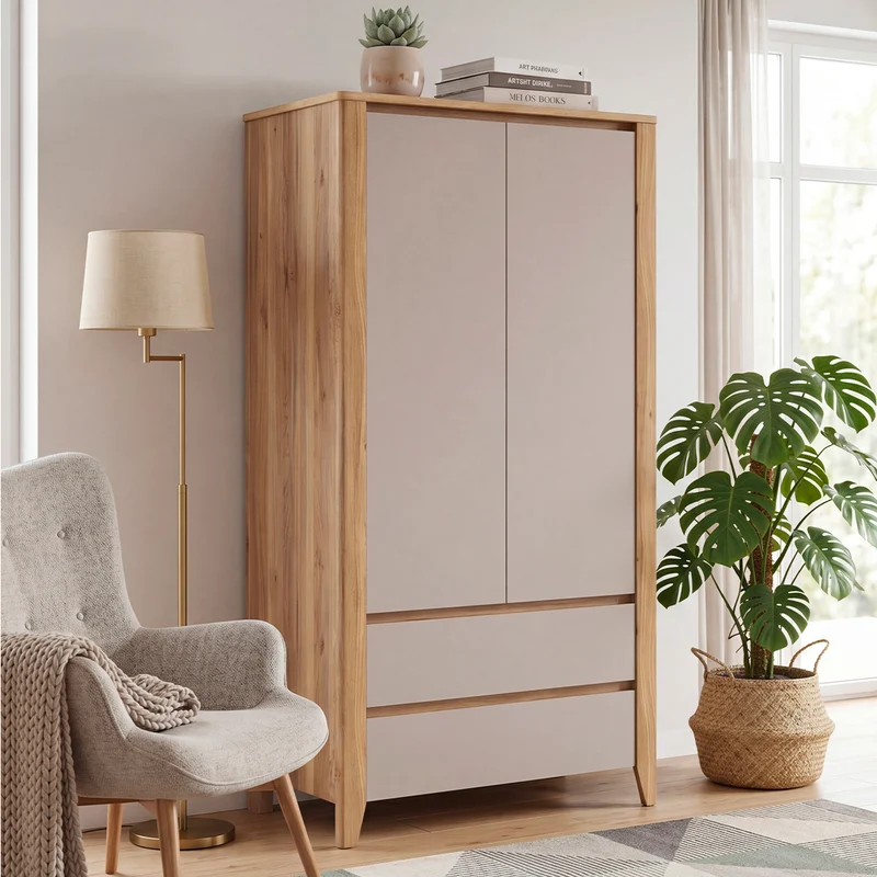 Armoire 2 portes 2 tiroirs Samara Bois et Cachemire