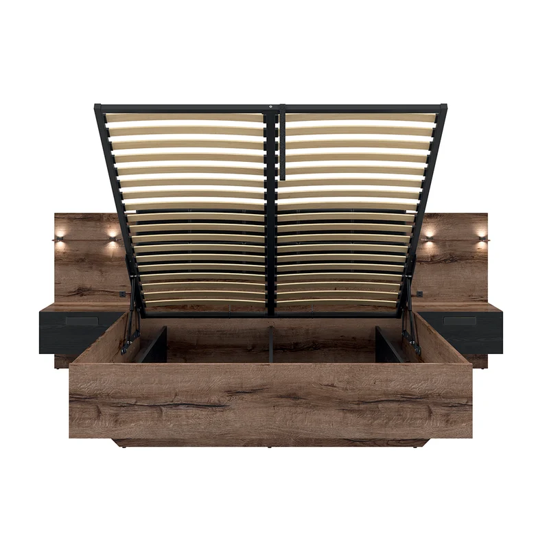 Lit coffre 160x200 sommier chevet LED et prise USB inclus Romane Bois