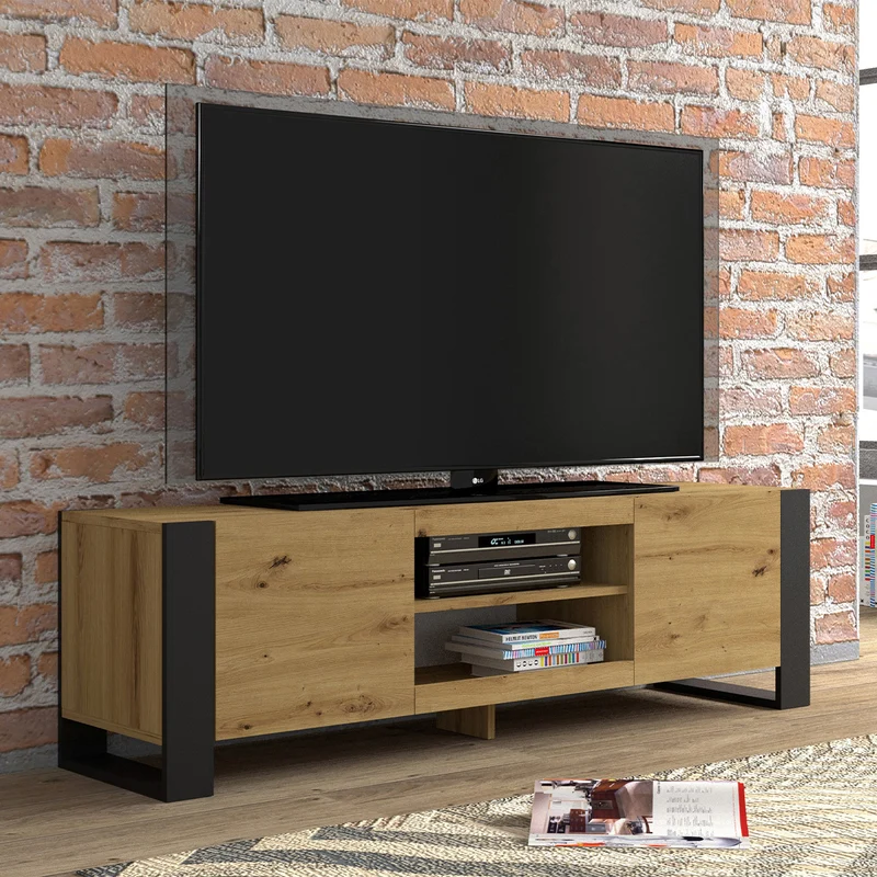 Meuble TV 2 portes 158 cm Gani Bois et Noir