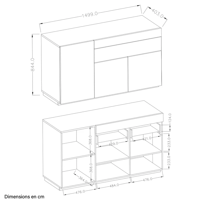 Buffet 3 portes 1 tiroir Andrea Gris anthracite et Bois