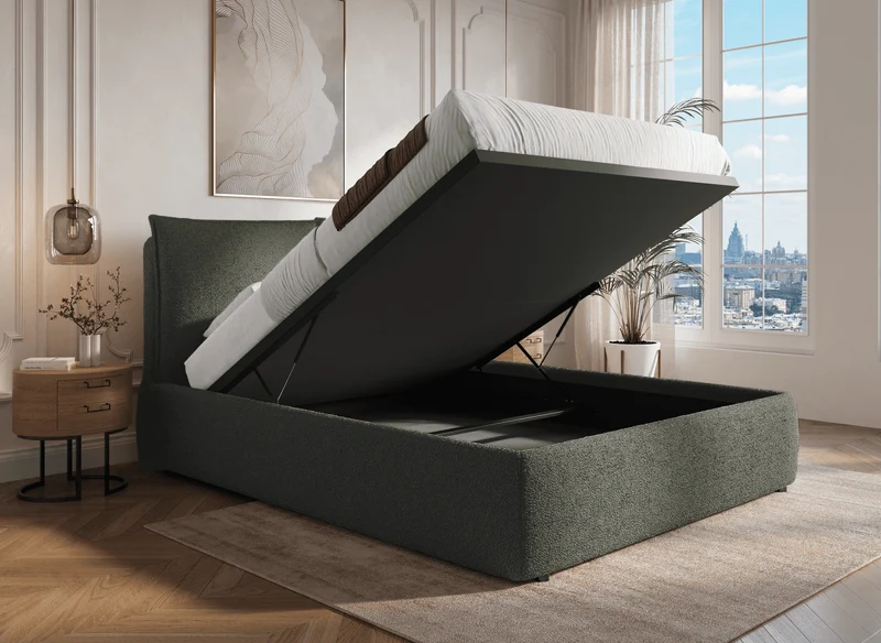 Lit coffre en tissu bouclette vert olive 180x200 cm MELY