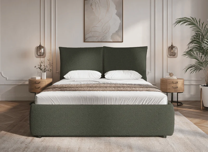 Lit coffre en tissu bouclette vert olive 160x200 cm MELY