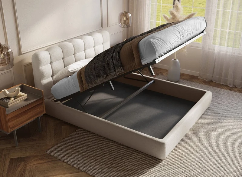 Lit coffre en tissu bouclette beige 160x200 cm BISCUIT