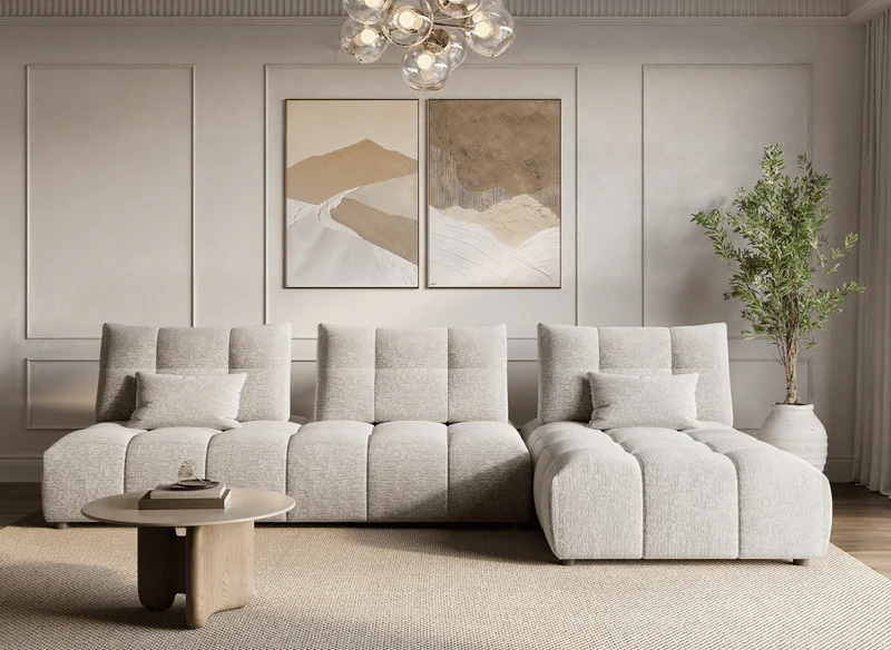 Canapé d'angle réversible en velours texturé beige ALANA
