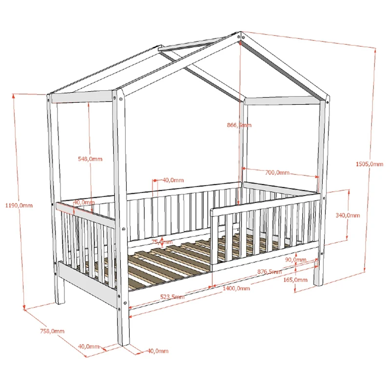 Lit cabane 70x140 sommier inclus Vipack Dallas Anthracite