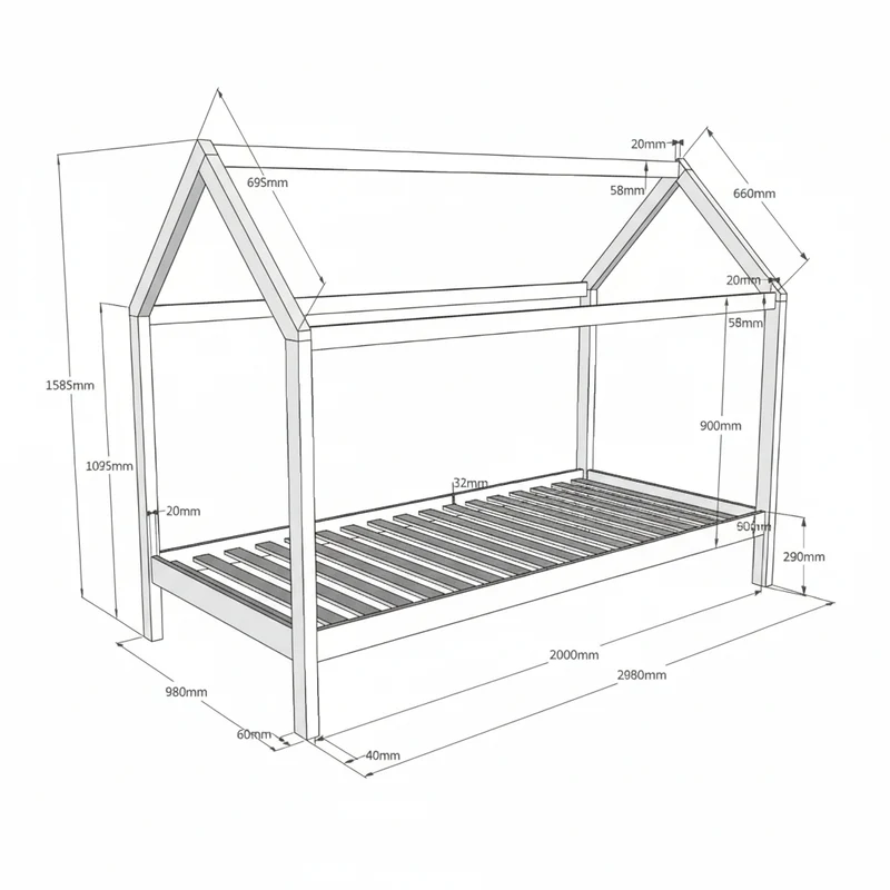 Lit cabane LP 90x200 Sommier inclus Vipack Dallas - Bois