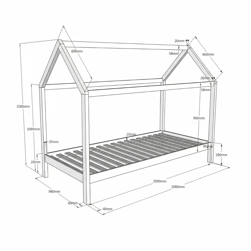 Lit cabane LP 90x200 Sommier inclus Vipack Dallas - Blanc