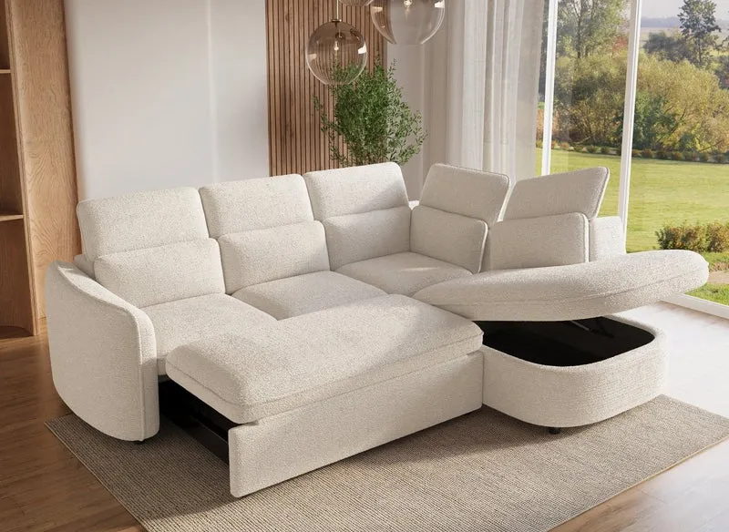 Canapé d'angle convertible avec coffre en tissu bouclette écru BAYA - angle droit