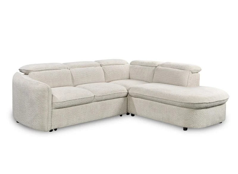 Canapé d'angle convertible avec coffre en tissu bouclette écru BAYA - angle droit