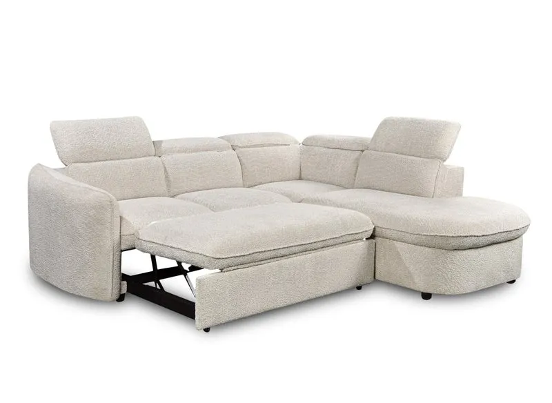 Canapé d'angle convertible avec coffre en tissu bouclette écru BAYA - angle droit
