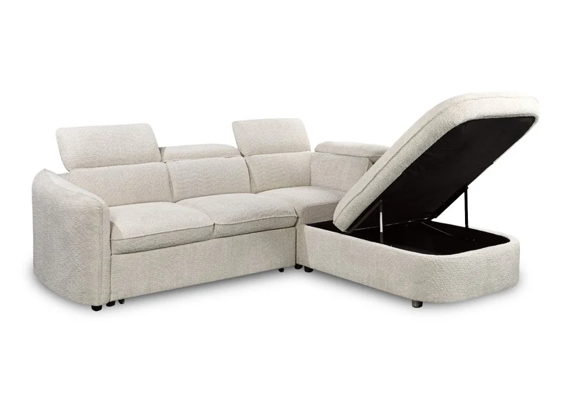 Canapé d'angle convertible avec coffre en tissu bouclette écru BAYA - angle droit