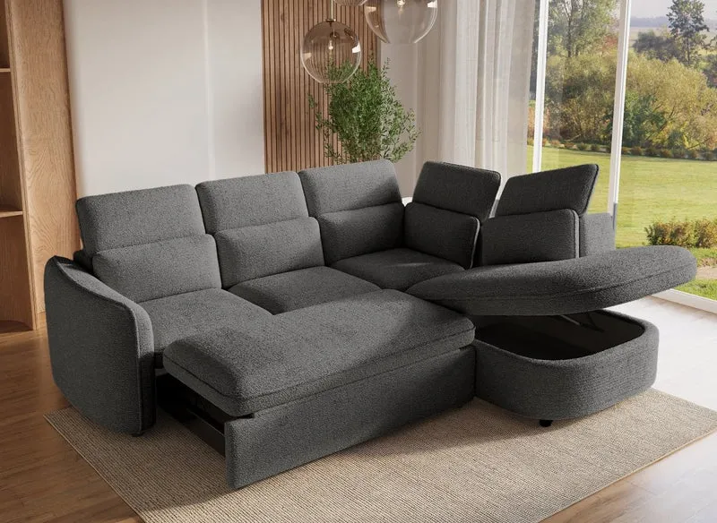 Canapé d'angle convertible avec coffre en tissu bouclette gris BAYA - angle droit