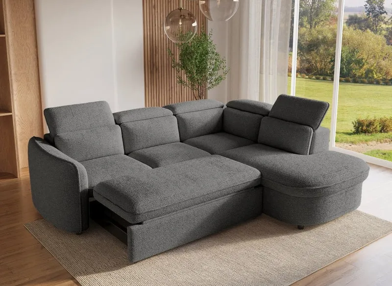 Canapé d'angle convertible avec coffre en tissu bouclette gris BAYA - angle droit