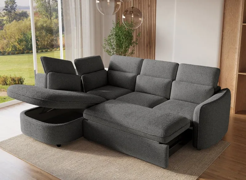 Canapé d'angle convertible avec coffre en tissu bouclette gris BAYA - angle gauche