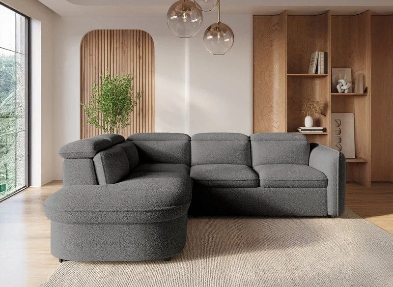 Canapé d'angle convertible avec coffre en tissu bouclette gris BAYA - angle gauche