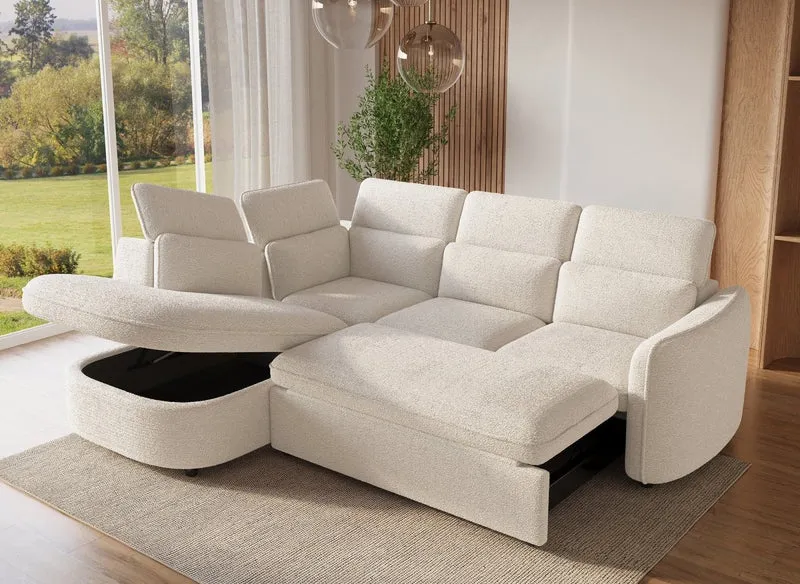 Canapé d'angle convertible avec coffre en tissu bouclette écru BAYA - angle gauche