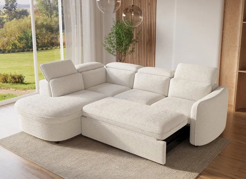 Canapé d'angle convertible avec coffre en tissu bouclette écru BAYA - angle gauche