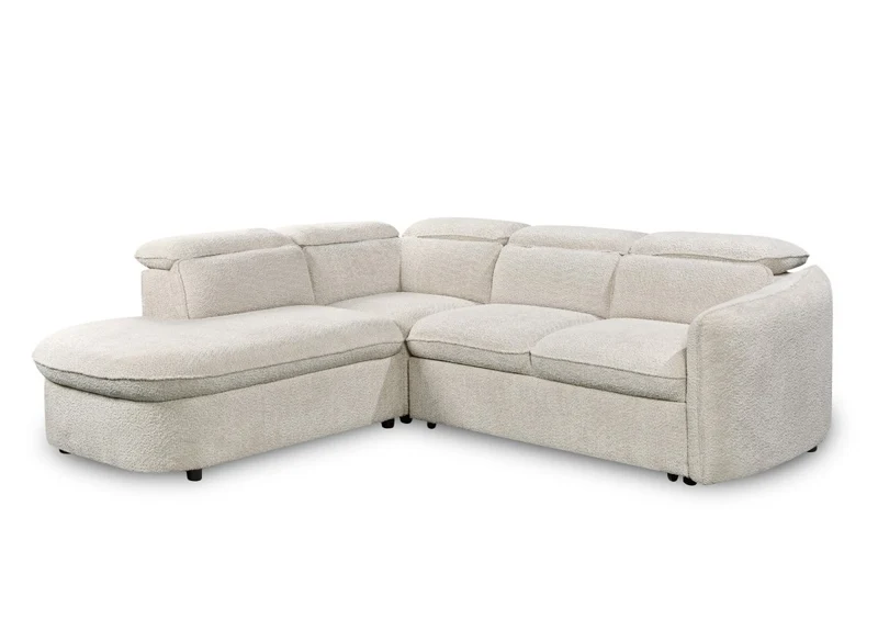 Canapé d'angle convertible avec coffre en tissu bouclette écru BAYA - angle gauche