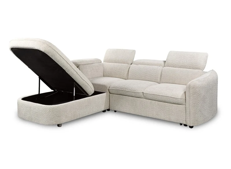 Canapé d'angle convertible avec coffre en tissu bouclette écru BAYA - angle gauche