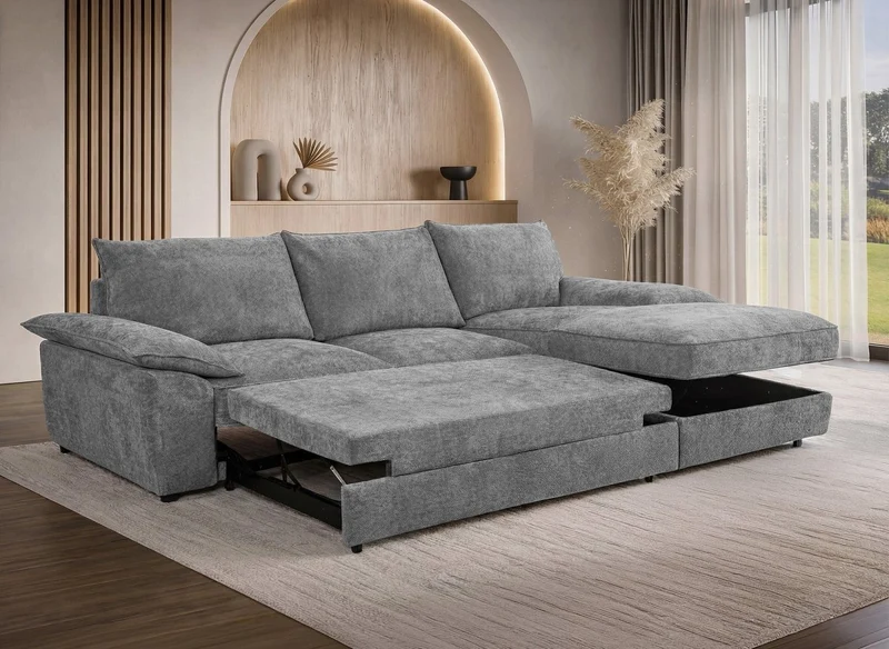 Canapé d'angle convertible avec coffre de rangement en velours chiné gris GABIN - Angle droit