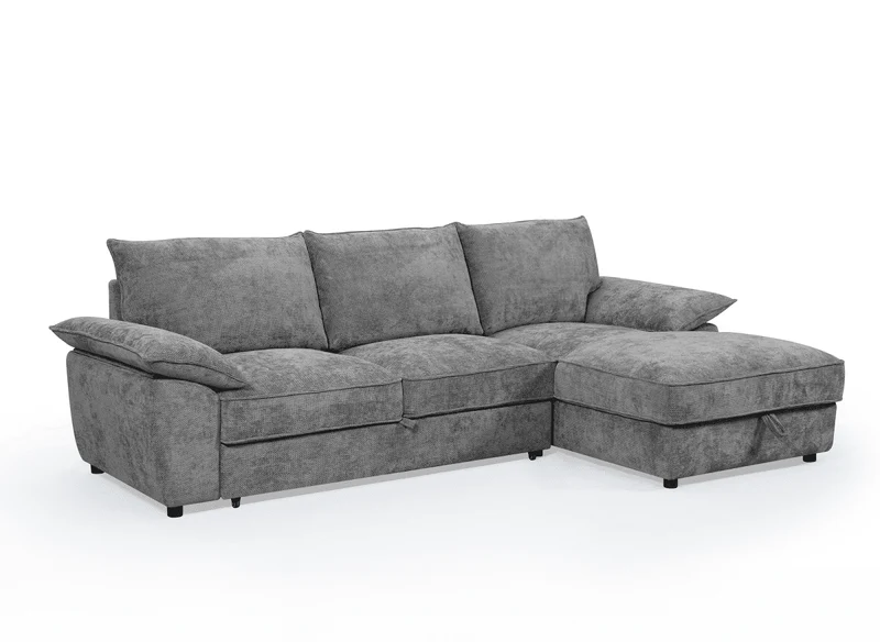 Canapé d'angle convertible avec coffre de rangement en velours chiné gris GABIN - Angle droit