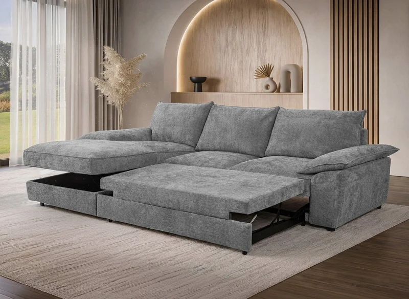 Canapé d'angle convertible avec coffre de rangement en velours chiné gris GABIN - Angle gauche