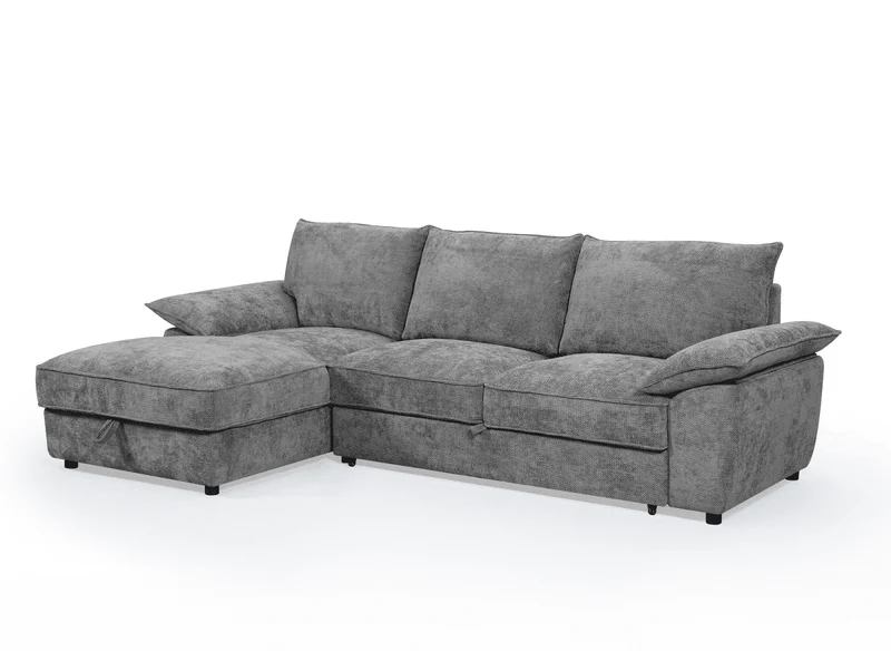 Canapé d'angle convertible avec coffre de rangement en velours chiné gris GABIN - Angle gauche