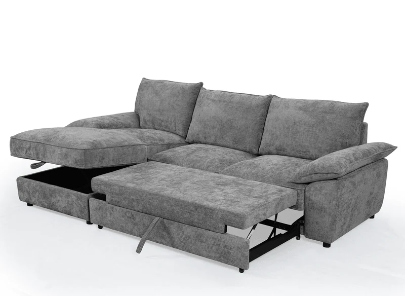 Canapé d'angle convertible avec coffre de rangement en velours chiné gris GABIN - Angle gauche