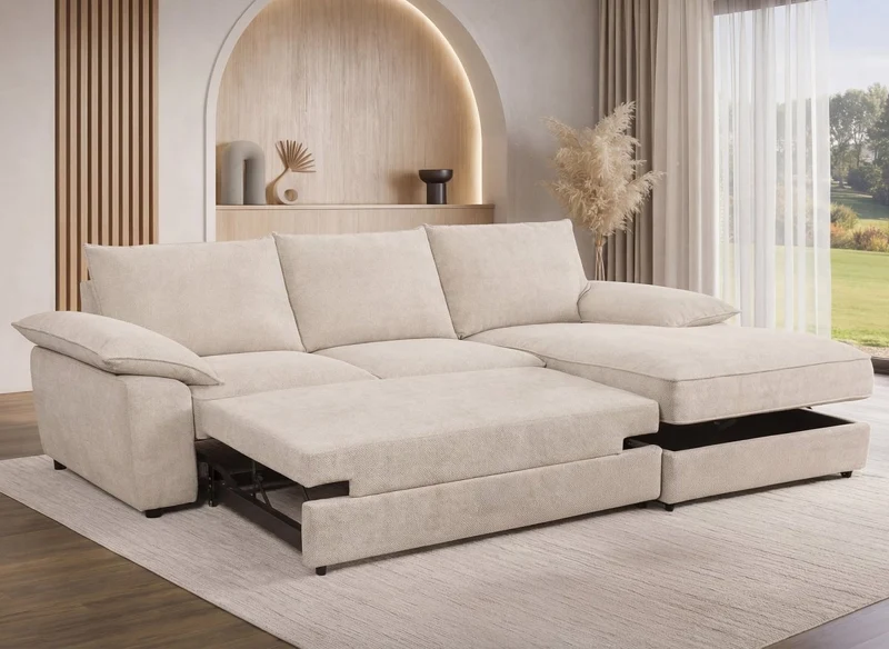 Canapé d'angle convertible avec coffre de rangement en velours chiné beige GABIN - Angle droit