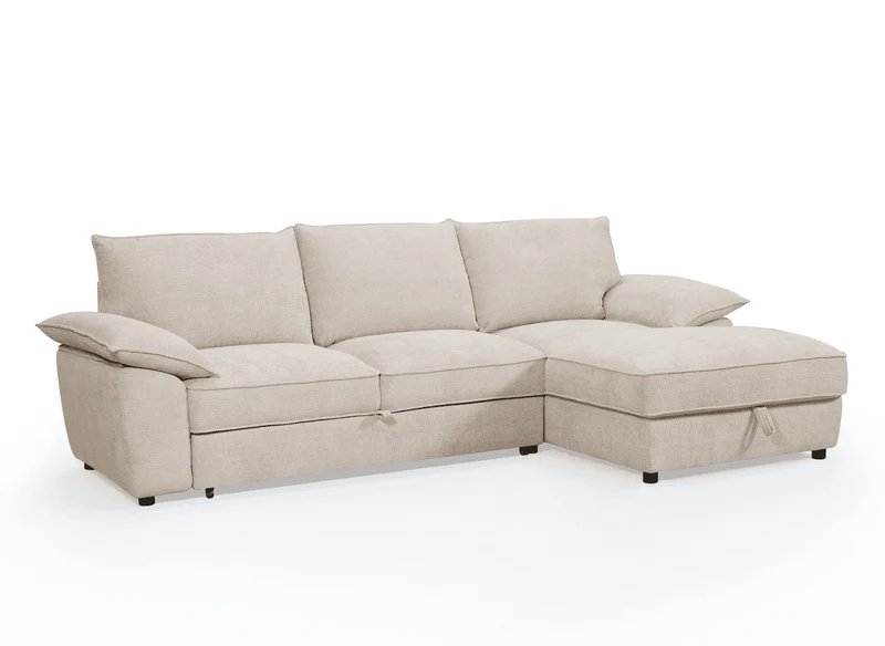 Canapé d'angle convertible avec coffre de rangement en velours chiné beige GABIN - Angle droit