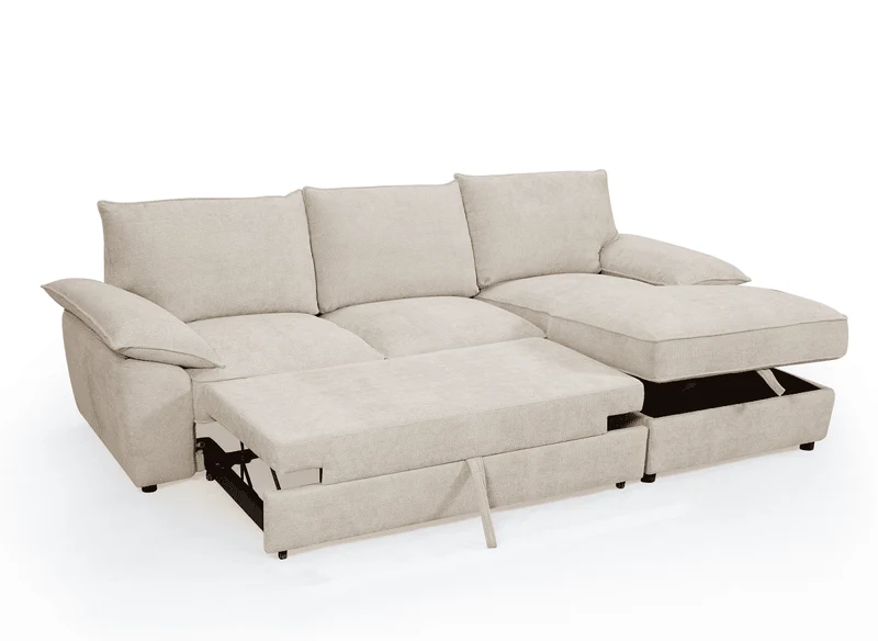 Canapé d'angle convertible avec coffre de rangement en velours chiné beige GABIN - Angle droit