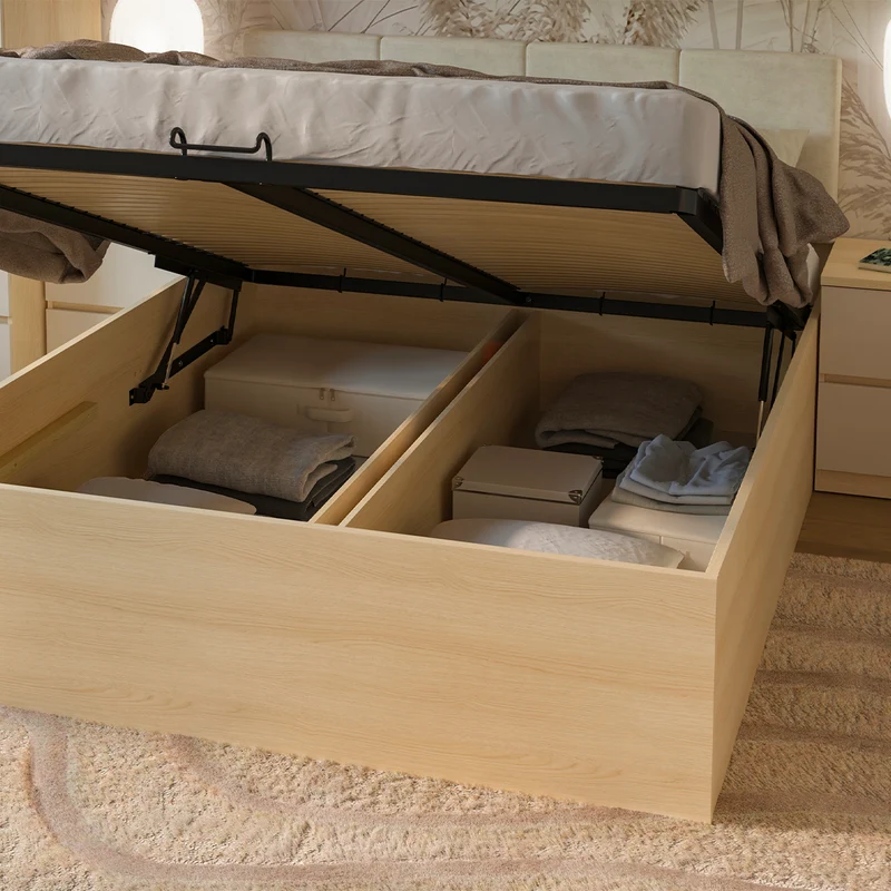 Lit coffre 180x200 sommier inclus Téana Bois et Beige