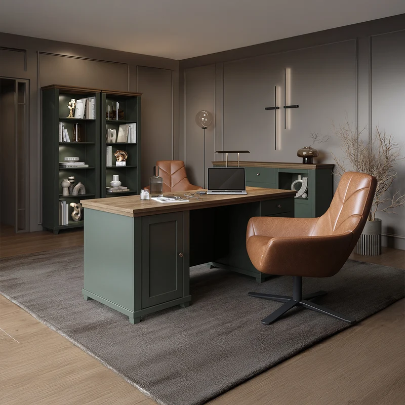 Bureau 1 porte 4 tiroirs Martin Vert et Bois