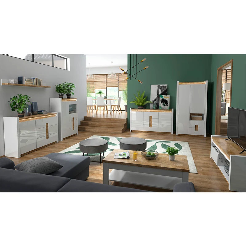 Buffet 2 portes 3 tiroirs avec LED Helios Blanc laqué et Bois