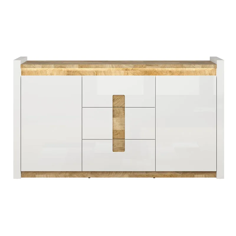 Buffet 2 portes 3 tiroirs avec LED Helios Blanc laqué et Bois