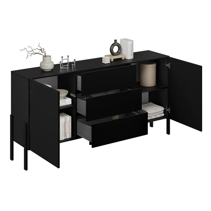 Buffet long 2 portes 3 tiroirs Bérénice Noir